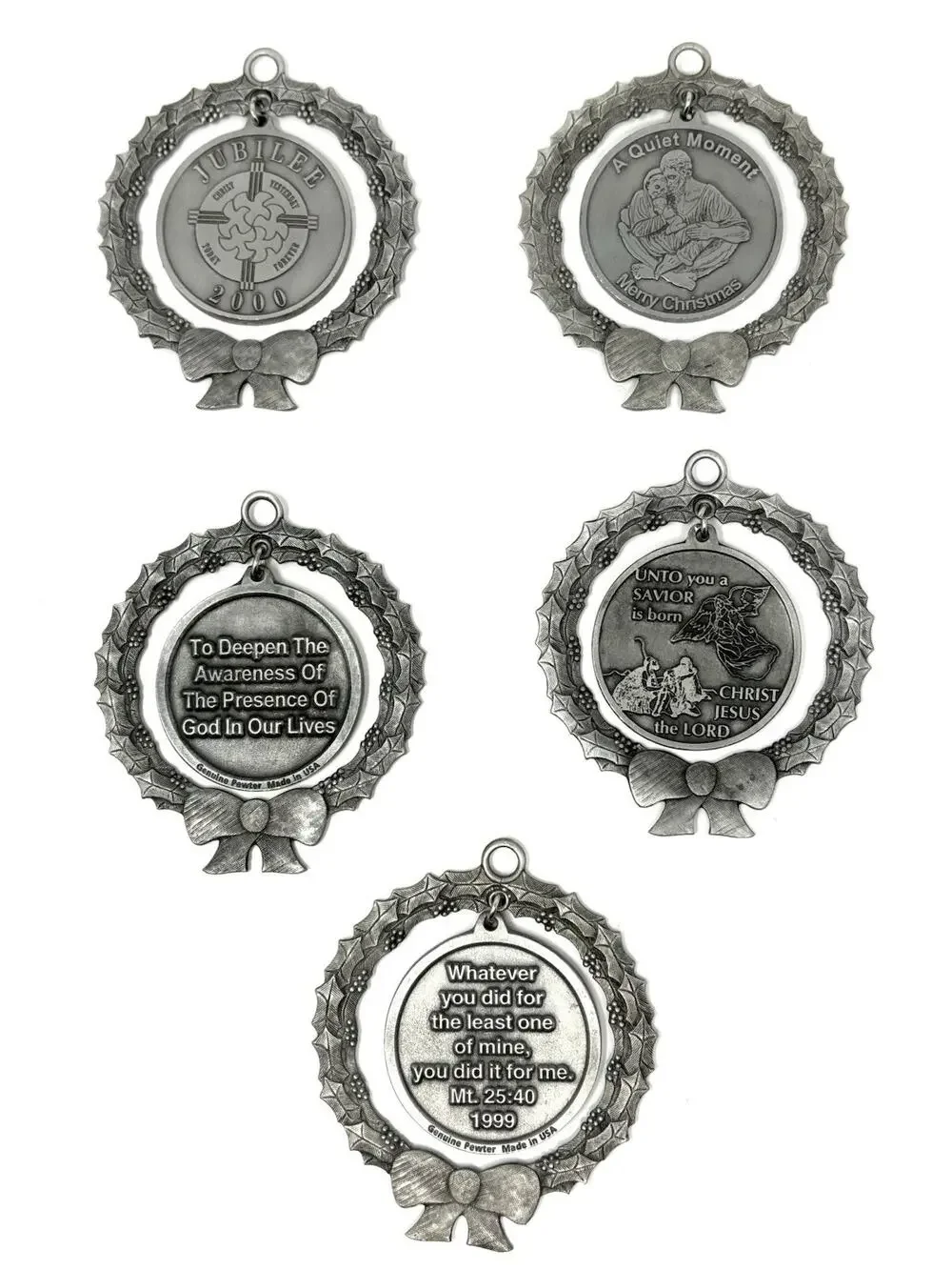 VTG Lot St. Vincent de Paul Catholic Church Pewter 5 Christmas Ornaments 2.5